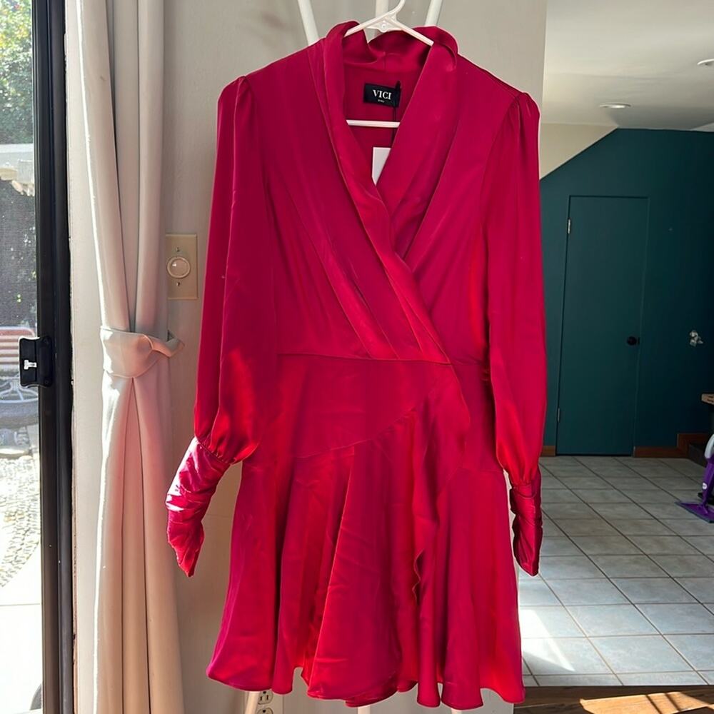 Vici Hot Pink Satin Wrap-Style Mini Dress